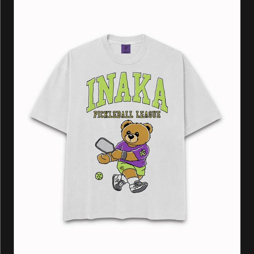 Inaka Power White Tee with Green and Purple Bear Design